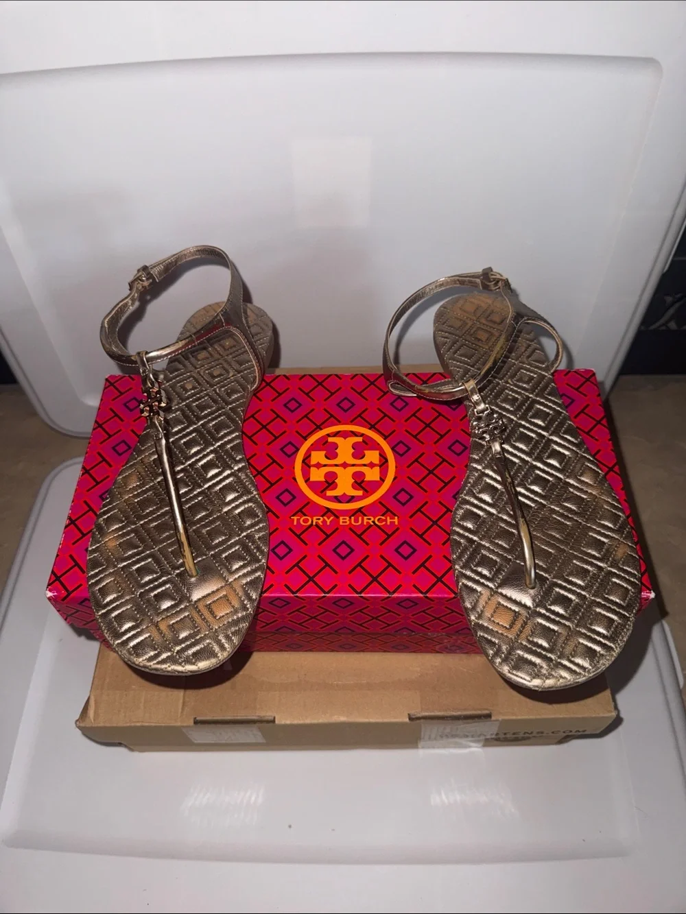 Tory Burch Metallic Gold Quilted T-Strap Sandals with Ankle Strap